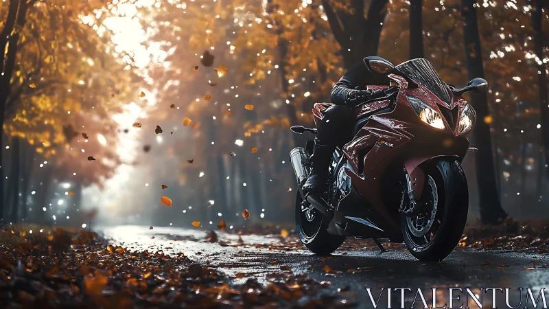 Midnight red motorcycle cruising through a glowing autumn lane.