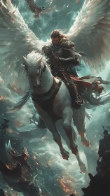 Winged knight descending on white warhorse amid battle.
