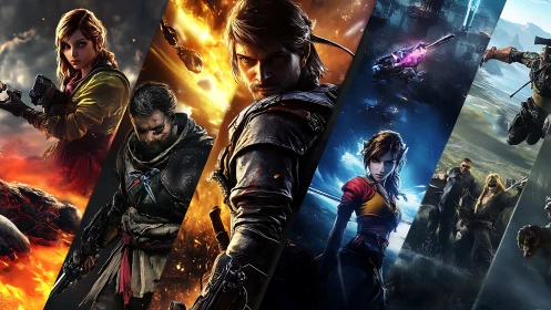 Cinematic sci fi warriors in split-panel battle collage.