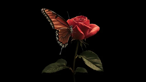 Butterfly resting on single red rose against black field.