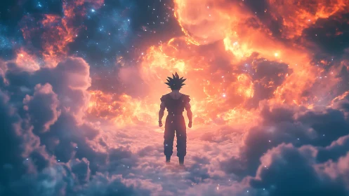 Lone anime warrior confronts colossal cosmic firestorm.
