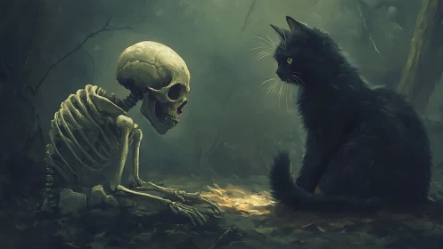 Digital painting of a cat and skeleton in moody forest tableau.