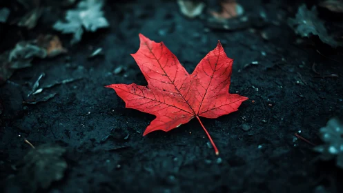 Red maple leaf rests on dark earth in moody contrast.