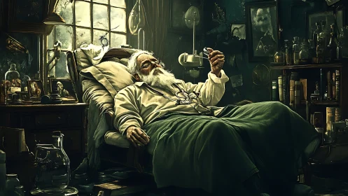 Elderly inventor studies glowing device in cluttered workshop.