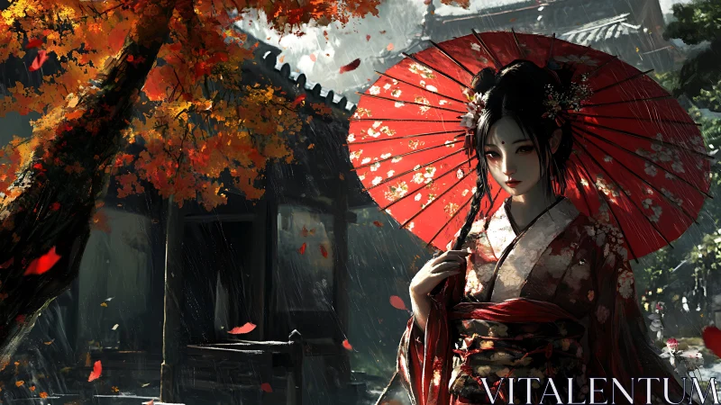 Crimson umbrella muse beneath stormlit autumn maple.