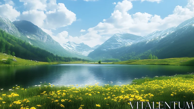 Mountain lake with alpine meadow under partly cloudy sky.
