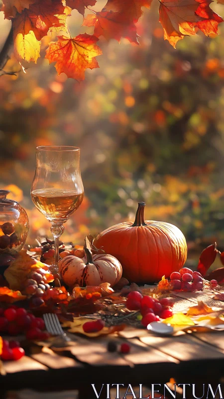 Golden autumn banquet glows with pumpkins, wine, and light.