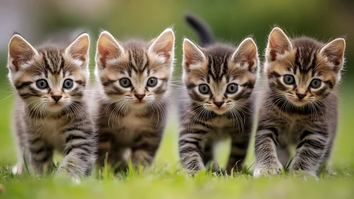 Four tabby kittens walking through grass with alert expressions