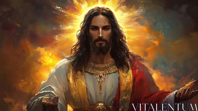 Radiant robed figure with aureole amid luminous cloudfield.