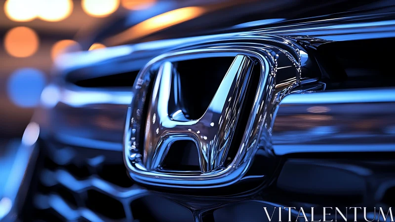 Close view shows chrome vehicle badge with reflective lighting