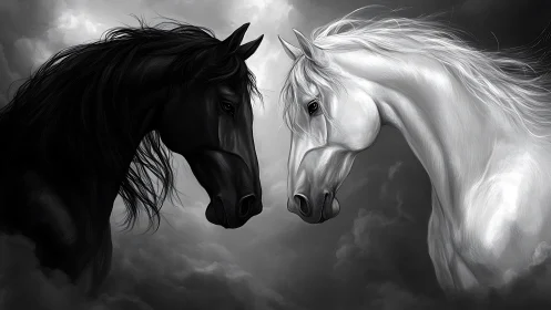 Two noble horses share a quiet moment in swirling clouds