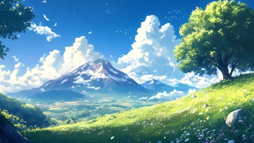 Sunlit hillside meadow opening toward distant mountain dreams.