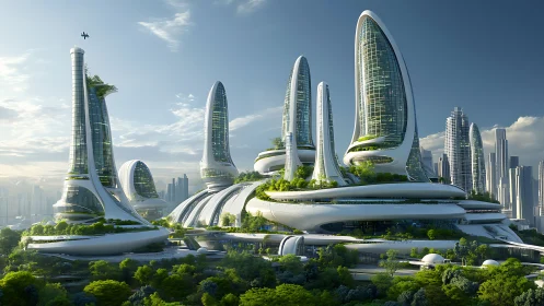 Parametric biophilic megastructures in a solarlit eco-metropolis.
