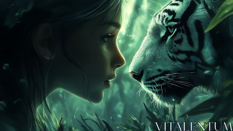 Girl and white tiger lock gazes in luminous jungle chiaroscuro