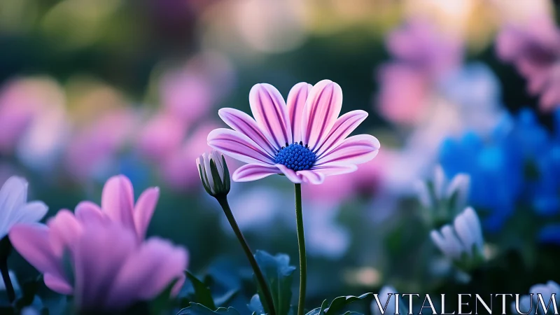 Pink Daisy with Blue Center in Botanical Setting