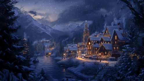 Snowy alpine village glows with warm winter holiday lights