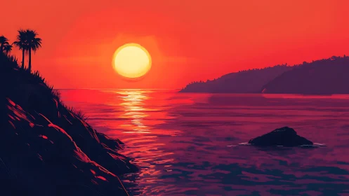 Crimson horizon sun melts over palm-lined twilight cove.