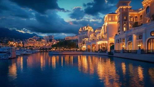 Luxury waterfront palace hotel glows over calm evening marina
