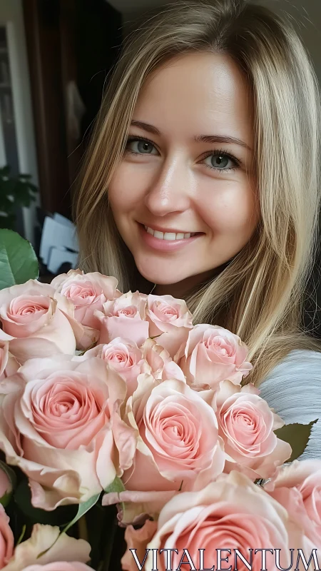 Woman holding bouquet of soft pink roses indoors. Period.