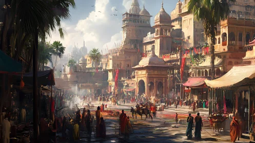 Digital painting of a sunlit palace bazaar with dense urban depth.