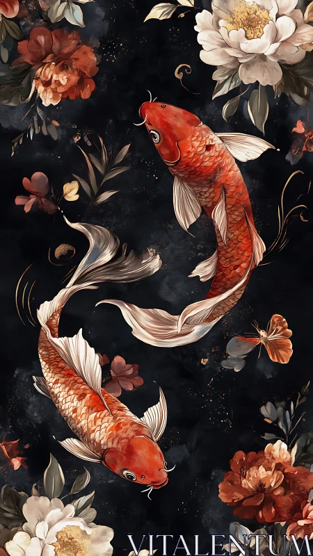 Graceful koi fish drifting among rich midnight blossoms.