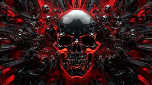Chrome skull erupting through molten red abstract void.