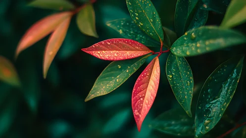 Macro study of red and green leaves with rainfall bokeh.
