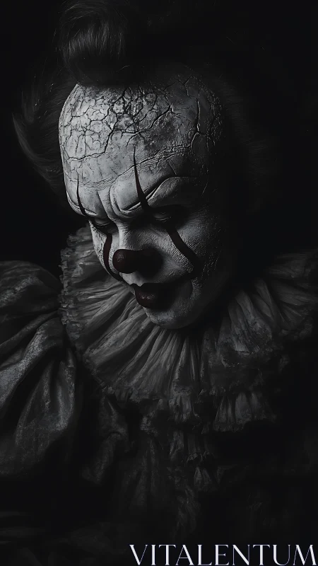 Sinister cracked-face horror clown in dramatic shadow portrait.