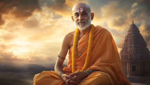 Hindu monk seated before temple at sunset in robes.