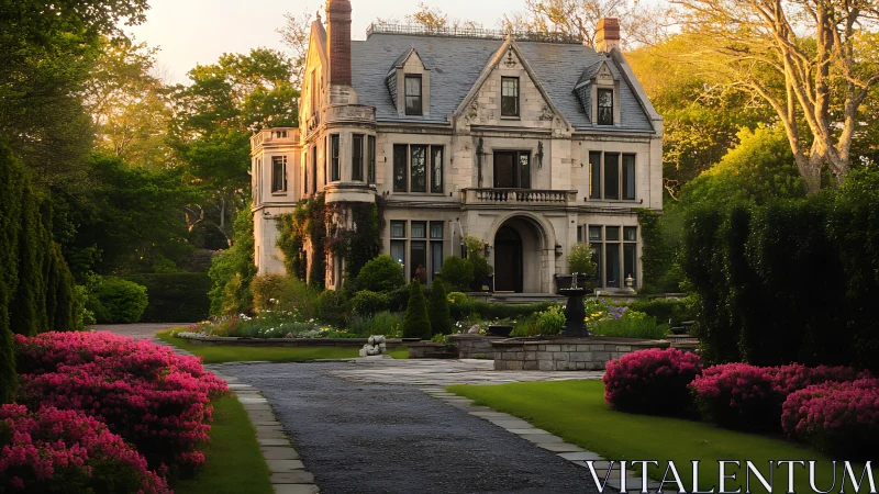Sunlit manor house stands beyond a garden-lined drive.
