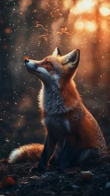 Forest fox listens to falling light in ember dusk hush.