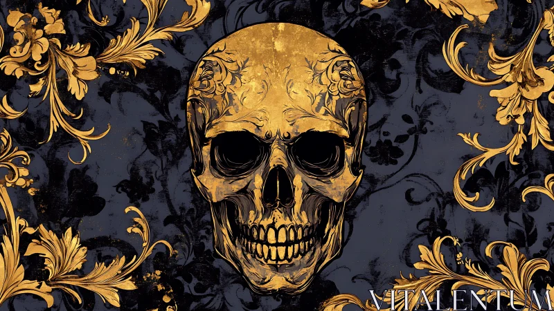 Gilded baroque skull illustration on dark ornamental field.
