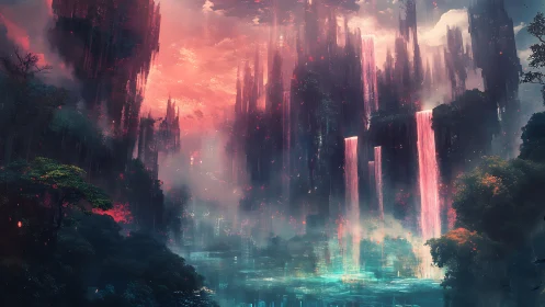 Luminous waterfalls descend through towering neon cliffs at dusk
