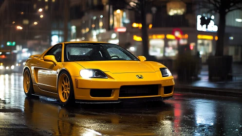 Yellow Honda NSX prowls through rain-glossed neon streets at night