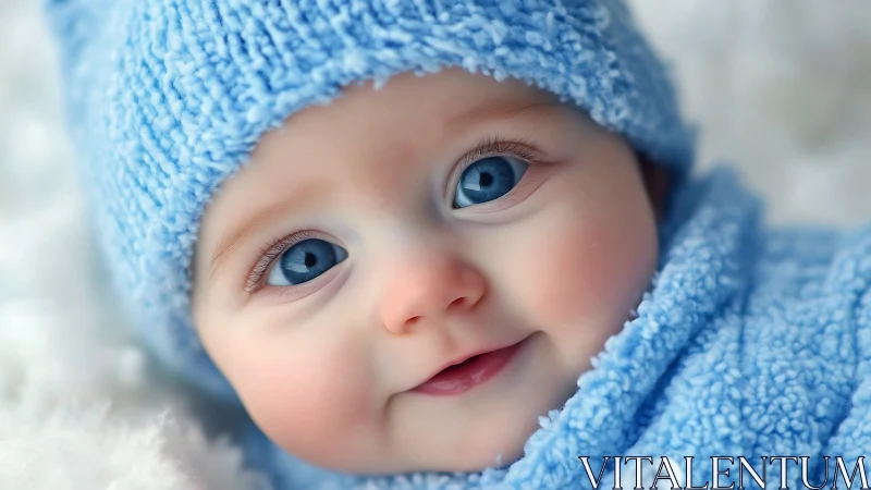Baby in Blue Winter Hat and Blanket Smiling