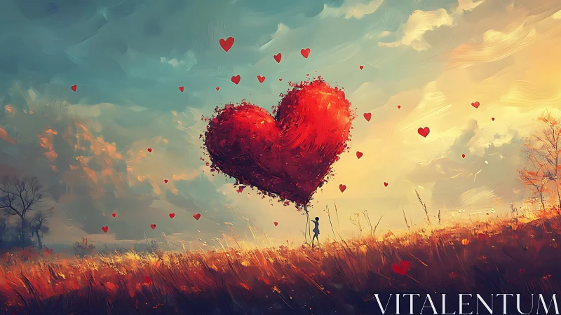 Person Beneath Giant Heart Balloon in Golden Field.