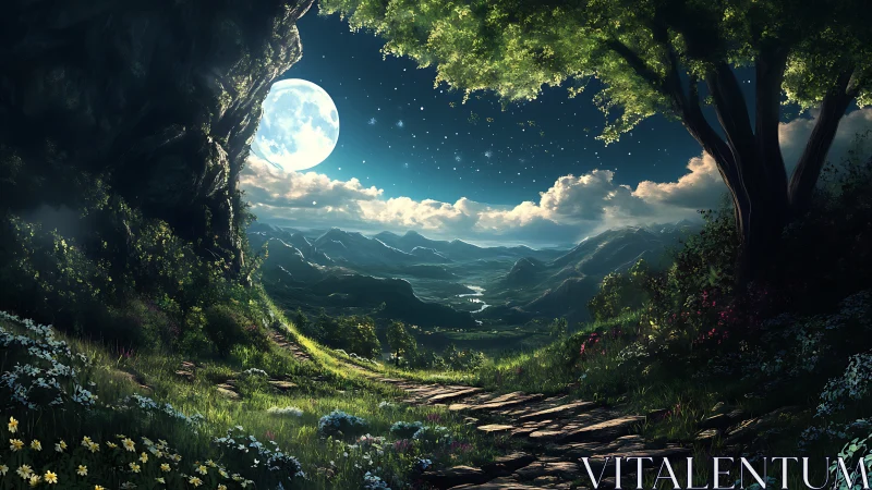 Luminous Moonlit Cave Landscape: Architectural Framing with Full Moon Over Mountainous Valley