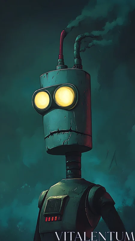 Tall smoking robot portrait with glowing optics and worn metal casing
