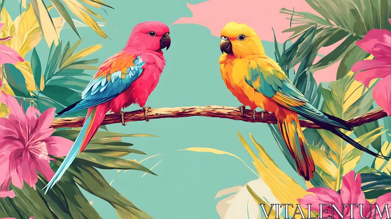 Vibrant tropical parrots perched on branch in colorful digital art.