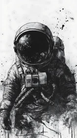 Monochrome ink illustration depicts solitary suited astronaut