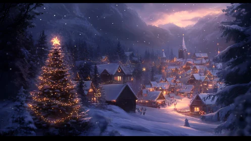 Cozy snowy village glowing with gentle Christmas lights.
