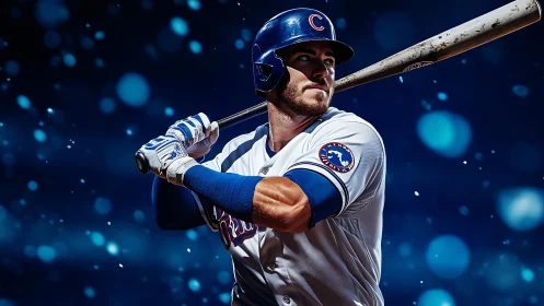 Baseball batter holds bat in ready stance under stadium lights