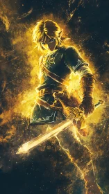 Heroic swordsman glows with golden power in a fiery aura