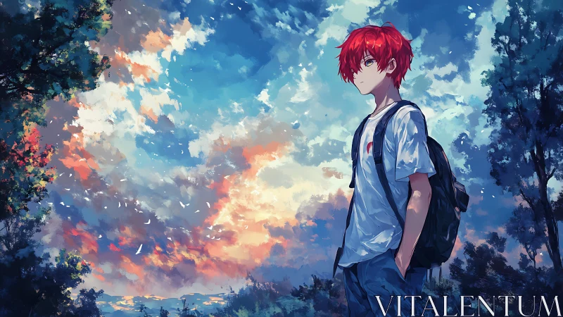 Red haired teen with backpack under expansive sunset sky
