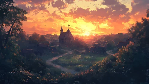 Rural village skyline glows under expansive cinematic sunset