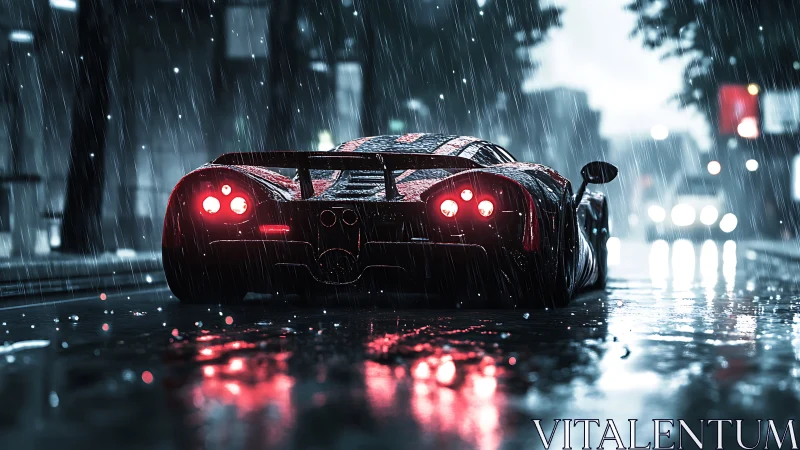 Supercar rear view in cinematic rainy night city street scene.