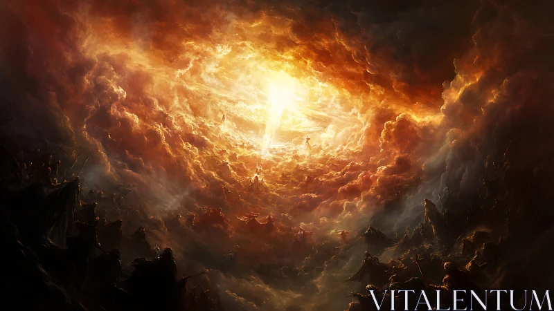 Apocalyptic cloud vortex with radiant axial energy breach.