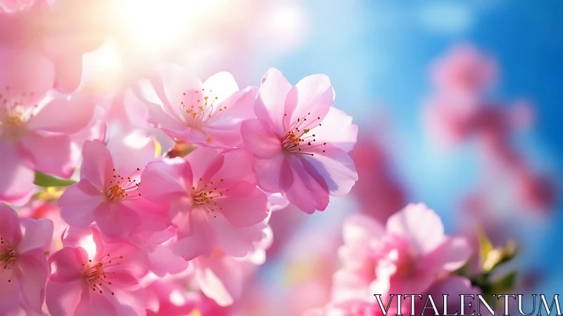 Pink flowering blossoms against blue sky gradient background