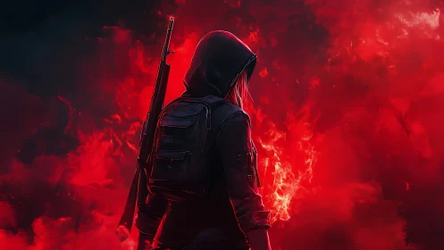Hooded rebel walks through scarlet smoke and silent fire.