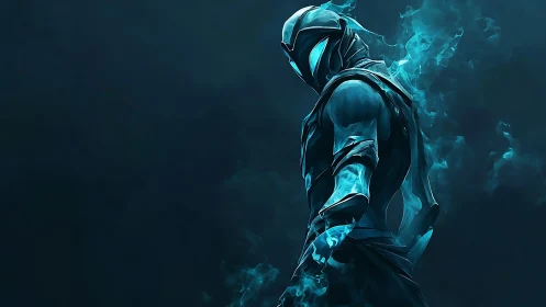 Midnight ember warrior wrapped in ghost-blue firestorm.